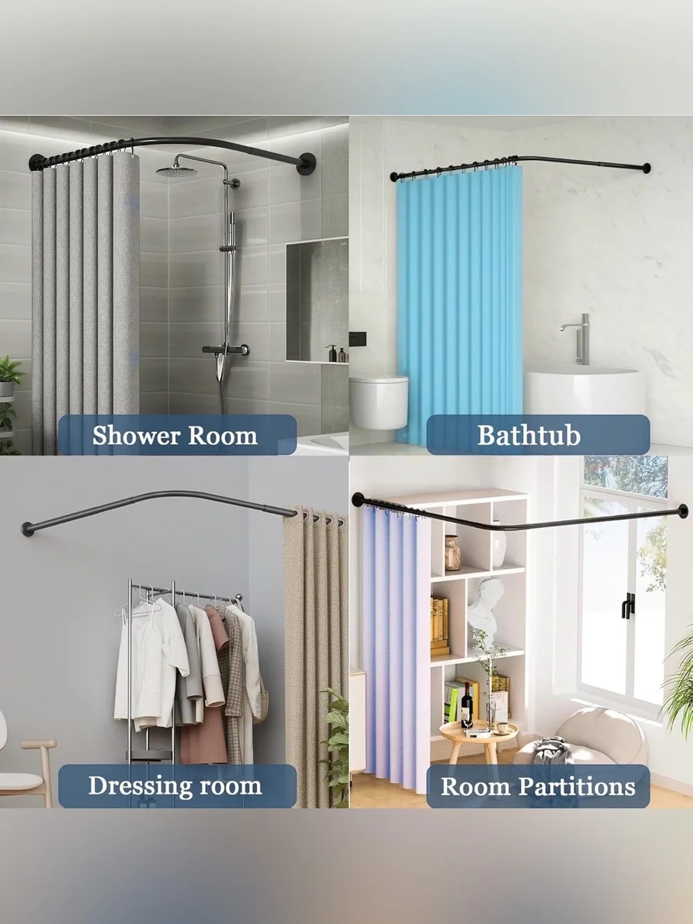New Black Metal Adjustable Corner Shower Curtain Rod Stretchable L Shape 35”-51”